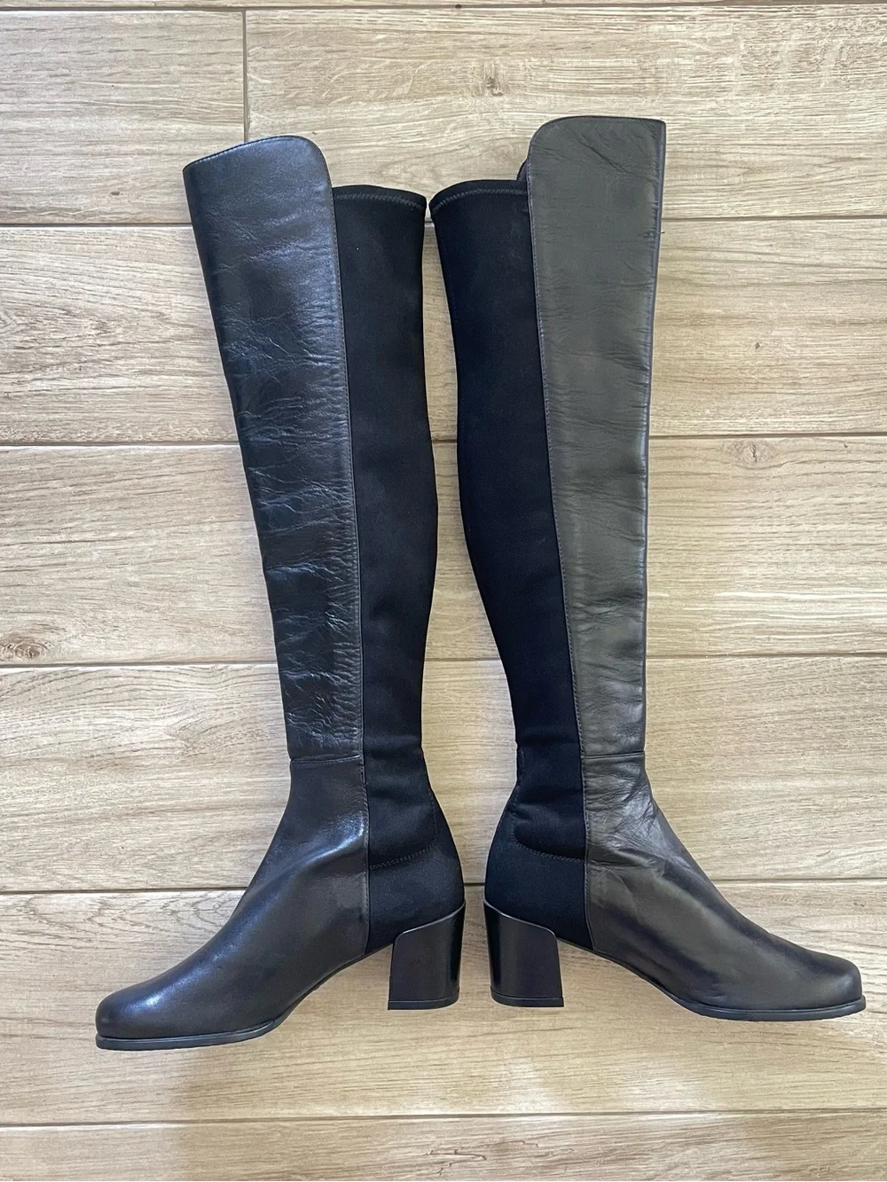 New Stuart Weitzman Classic Black Over-the-Knee Block Heel Leather Boots
